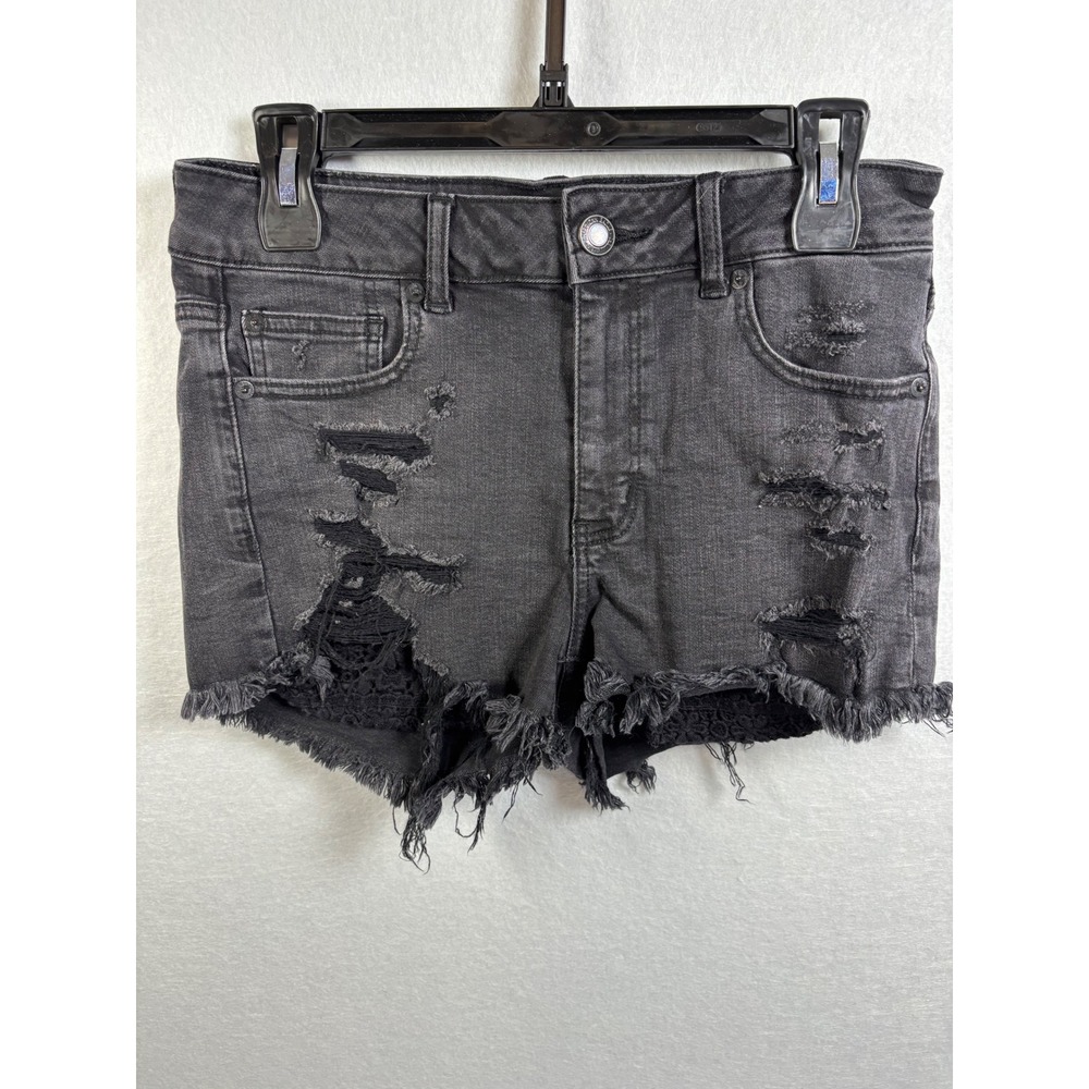 American Eagle Shorts Womens 8 Black Denim Super Stretch Lace Distressed Hi-Rise